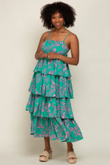 Green Floral Ruffle Tiered Maxi Dress