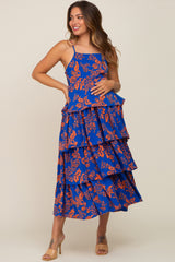 Royal Blue Floral Ruffle Tiered Maternity Maxi Dress