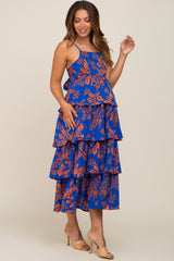 Royal Blue Floral Ruffle Tiered Maternity Maxi Dress