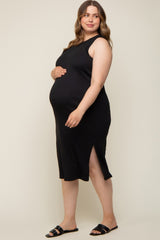 Black Basic Ribbed Side Slit Maternity Plus Midi Dress