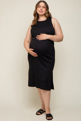 Black Basic Ribbed Side Slit Maternity Plus Midi Dress