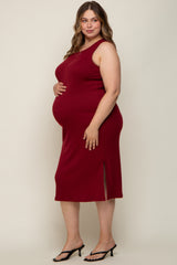 Burgundy Basic Ribbed Side Slit Maternity Plus Midi Dress