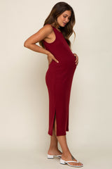 Burgundy Basic Ribbed Side Slit Maternity Midi Dress