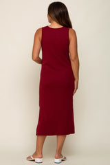 Burgundy Basic Ribbed Side Slit Maternity Midi Dress