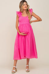 Fuchsia Checkered Ruffle Maternity Midi Dress