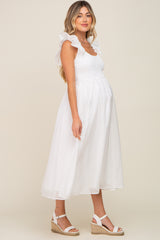 Ivory Checkered Ruffle Maternity Midi Dress