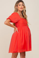 Orange Square Neck Puff Short Sleeve Maternity Dress