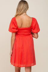 Orange Square Neck Puff Short Sleeve Maternity Dress