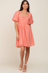 Salmon Square Neck Puff Short Sleeve Dress