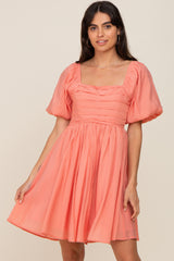 Salmon Square Neck Puff Short Sleeve Maternity Dress