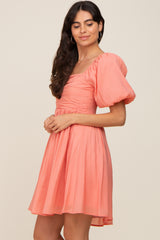 Salmon Square Neck Puff Short Sleeve Dress