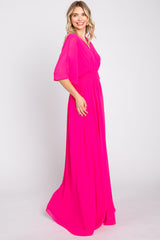 Fuchsia Chiffon V-Neck Smocked Waist Maxi Dress