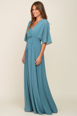 Turquoise Chiffon V-Neck Smocked Waist Maxi Dress