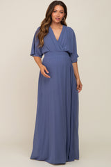 Navy Chiffon V-Neck Smocked Waist Maternity Maxi Dress