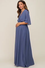 Navy Chiffon V-Neck Smocked Waist Maternity Maxi Dress