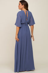 Navy Chiffon V-Neck Smocked Waist Maternity Maxi Dress