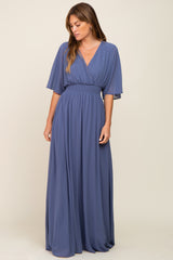 Navy Chiffon V-Neck Smocked Waist Maternity Maxi Dress