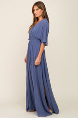 Navy Chiffon V-Neck Smocked Waist Maxi Dress