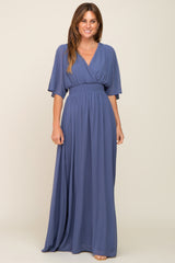 Navy Chiffon V-Neck Smocked Waist Maxi Dress