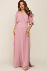 Pink Chiffon V-Neck Smocked Waist Maternity Maxi Dress