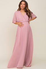 Pink Chiffon V-Neck Smocked Waist Maternity Maxi Dress