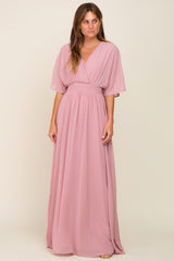 Pink Chiffon V-Neck Smocked Waist Maternity Maxi Dress