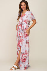 Red Floral Chiffon V-Neck Front Slit Maternity Dress