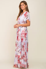 Red Floral Chiffon V-Neck Front Slit Dress