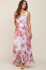 Red Floral Chiffon Double V-Neck Sleeveless Maternity Maxi Dress