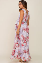 Red Floral Chiffon Double V-Neck Sleeveless Maternity Maxi Dress