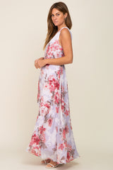 Red Floral Chiffon Double V-Neck Sleeveless Maxi Dress