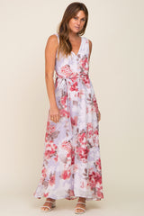 Red Floral Chiffon Double V-Neck Sleeveless Maxi Dress