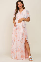 Peach Floral Chiffon V-Neck Front Slit Short Sleeve Maternity Dress