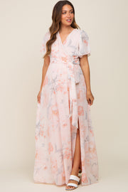 Peach Floral Chiffon V-Neck Front Slit Short Sleeve Maternity Dress