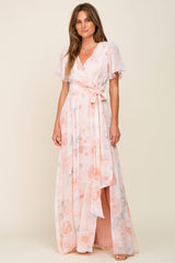 Peach Floral Chiffon V-Neck Front Slit Short Sleeve Dress