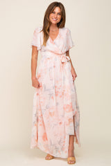 Peach Floral Chiffon V-Neck Front Slit Short Sleeve Dress