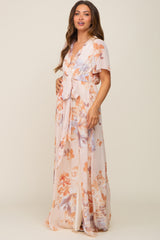 Peach Floral Chiffon V-Neck Front Slit Short Sleeve Maternity Dress