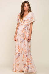 Peach Floral Chiffon V-Neck Front Slit Short Sleeve Dress