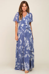 Blue Leaf Print Chiffon V-Neck Front Slit Maternity Dress