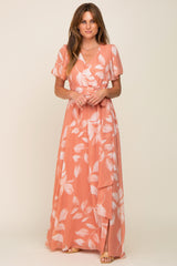 Salmon Leaf Print Chiffon V-Neck Front Slit Dress