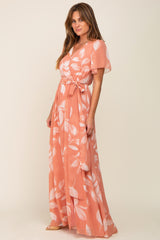 Salmon Leaf Print Chiffon V-Neck Front Slit Dress