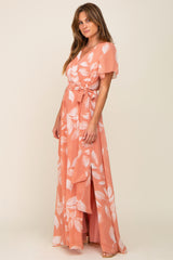 Salmon Leaf Print Chiffon V-Neck Front Slit Dress