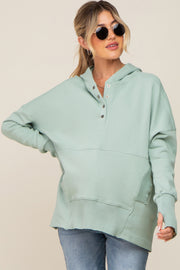 Mint Green Button Front Ribbed Trim Maternity Hooded Sweatshirt