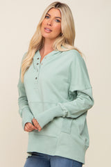 Mint Green Button Front Ribbed Trim Hooded Sweatshirt