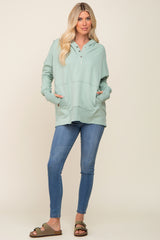 Mint Green Button Front Ribbed Trim Hooded Sweatshirt