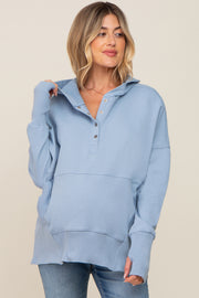 Light Blue Button Front Ribbed Trim Maternity Hooded Sweatshirt