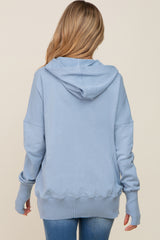 Light Blue Button Front Ribbed Trim Maternity Hooded Sweatshirt