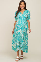 Teal Floral Paisley Wrap Maternity Dress