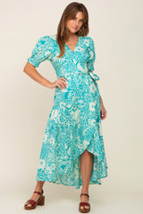 Teal Floral Paisley Wrap Maternity Dress