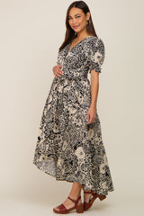 Black Floral Paisley Wrap Maternity Dress